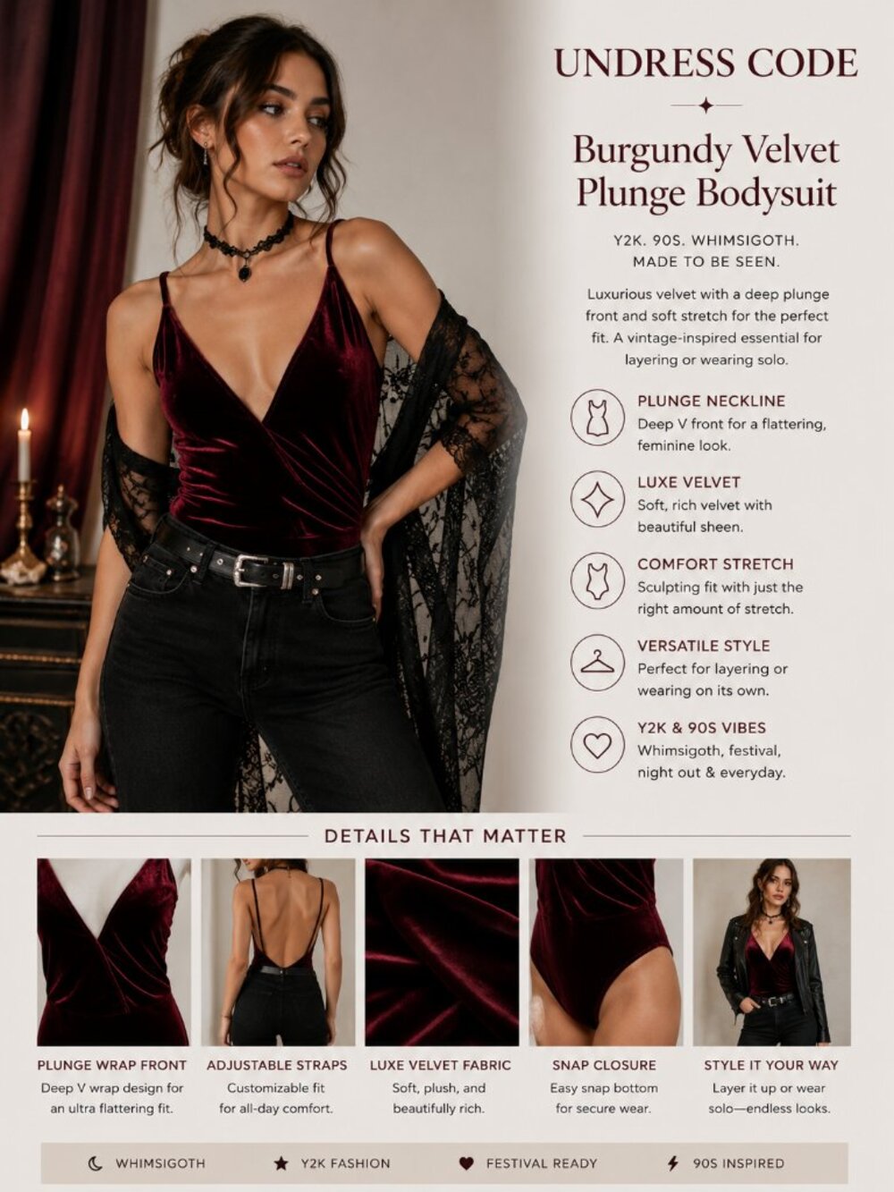 Undress Code Burgundy Velvet Bodysuit Plunge Y2K Whimsigoth Dark Romantic SZM
